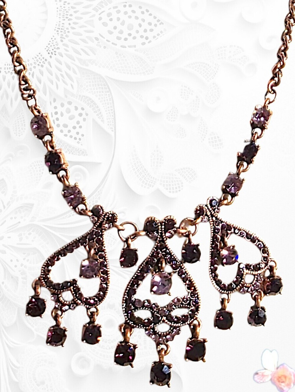 Statement Bib Necklace Red & Pink Rhinestones 16–18" Rose Bronze Gold‑Tone
